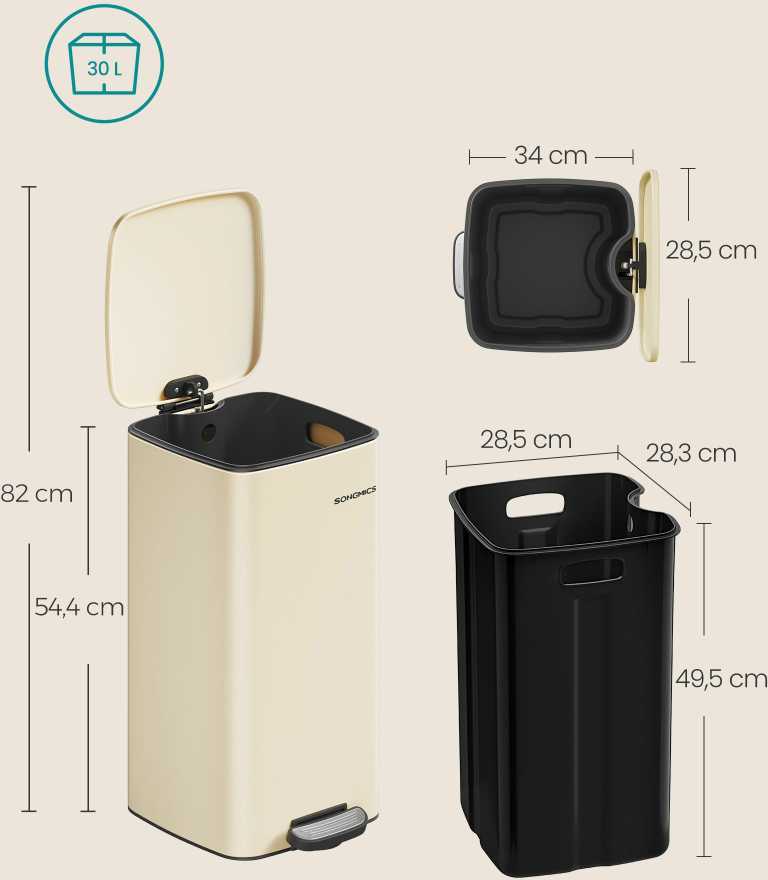 Songmics 30 litrų plieninė šiukšliadėžė smėlio smėlio spalvos