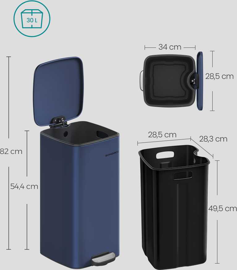 Songmics 30 litrų plieninė šiukšlių dėžė vidurnakčio mėlyna