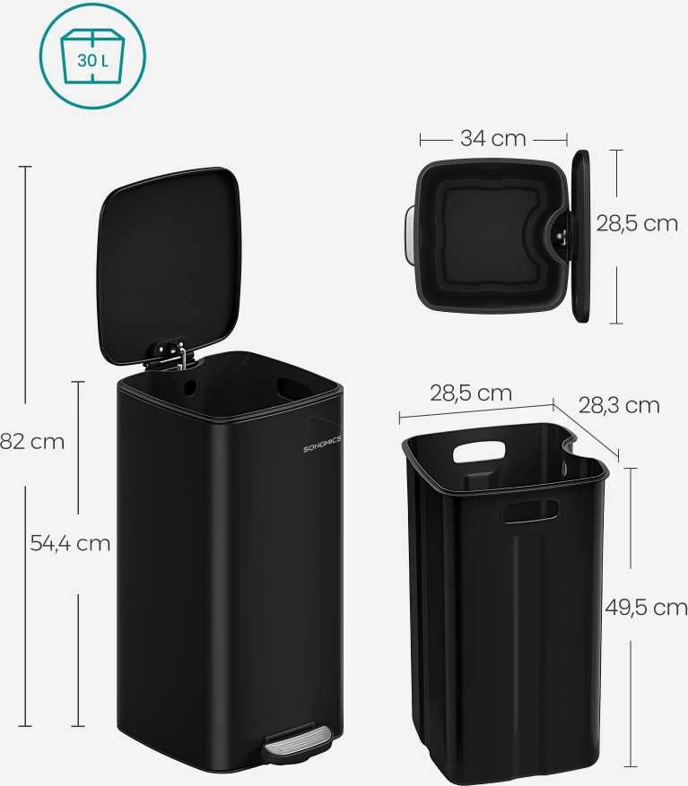 Songmics 30 litrų talpos plieninė šiukšlių dėžė rašalas juoda