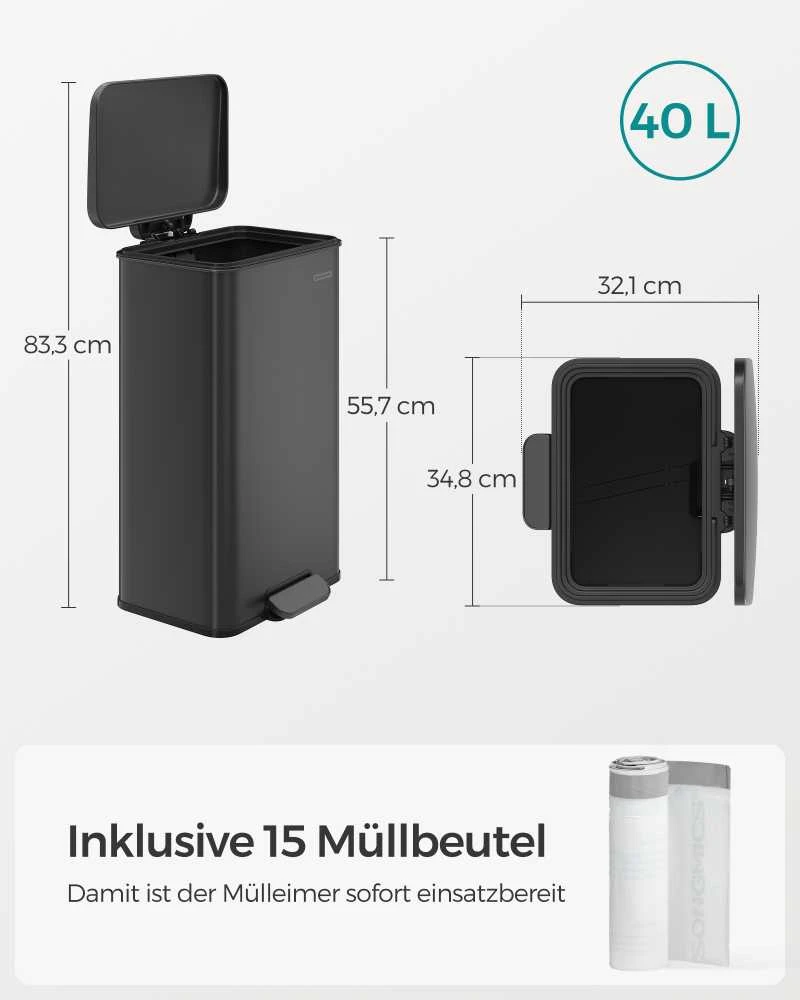 Songmics 40 litrų virtuvės atliekų dėžė su pedalais, juoda