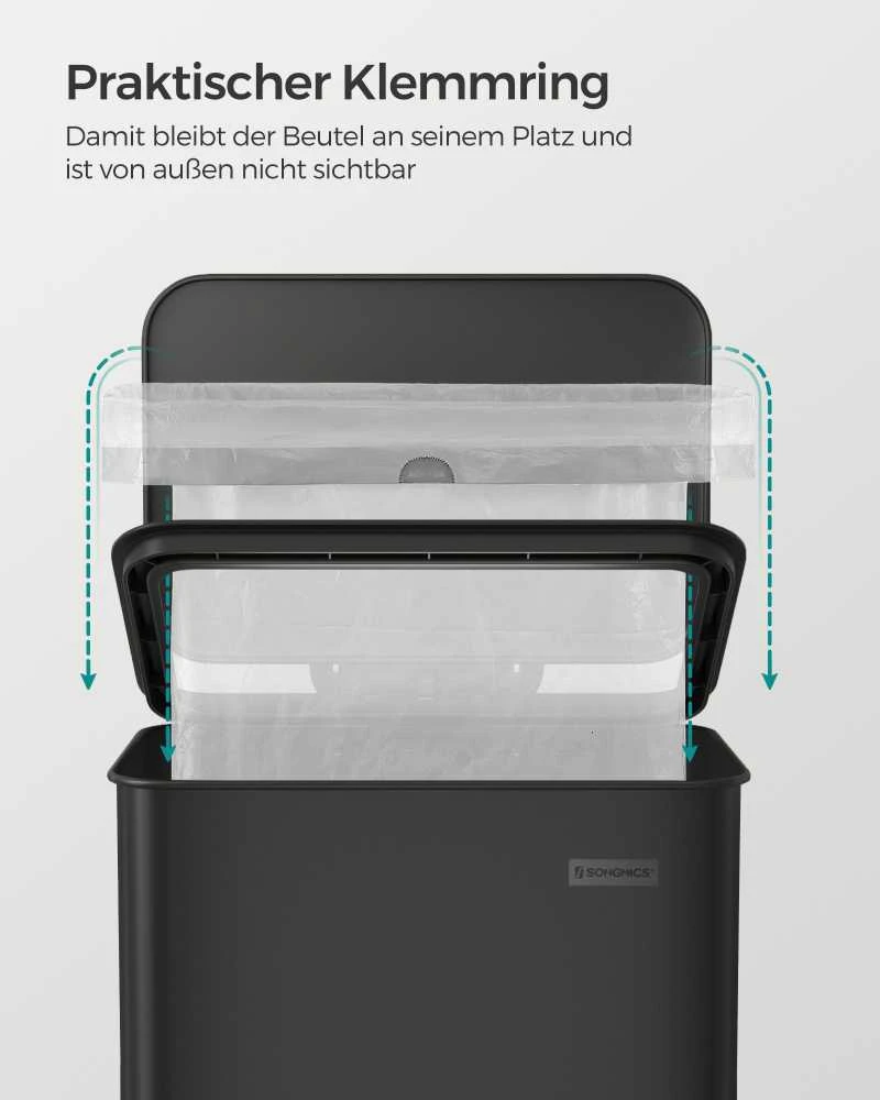 Songmics 40 litrų virtuvės atliekų dėžė su pedalais, juoda