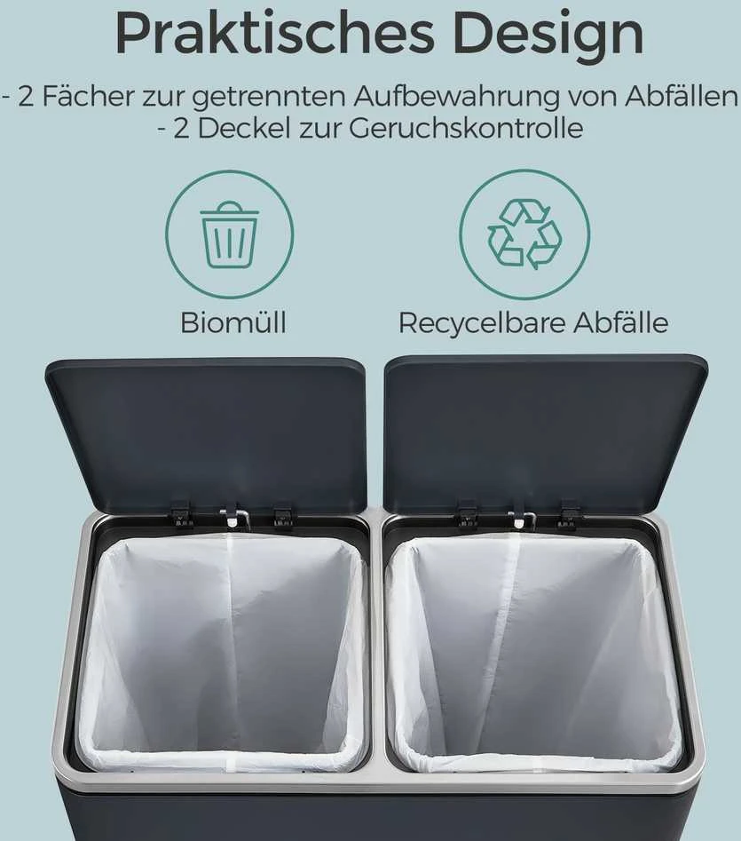 Songmics Atliekų dėžė 60 litrų (2 x 30 L) Pilka