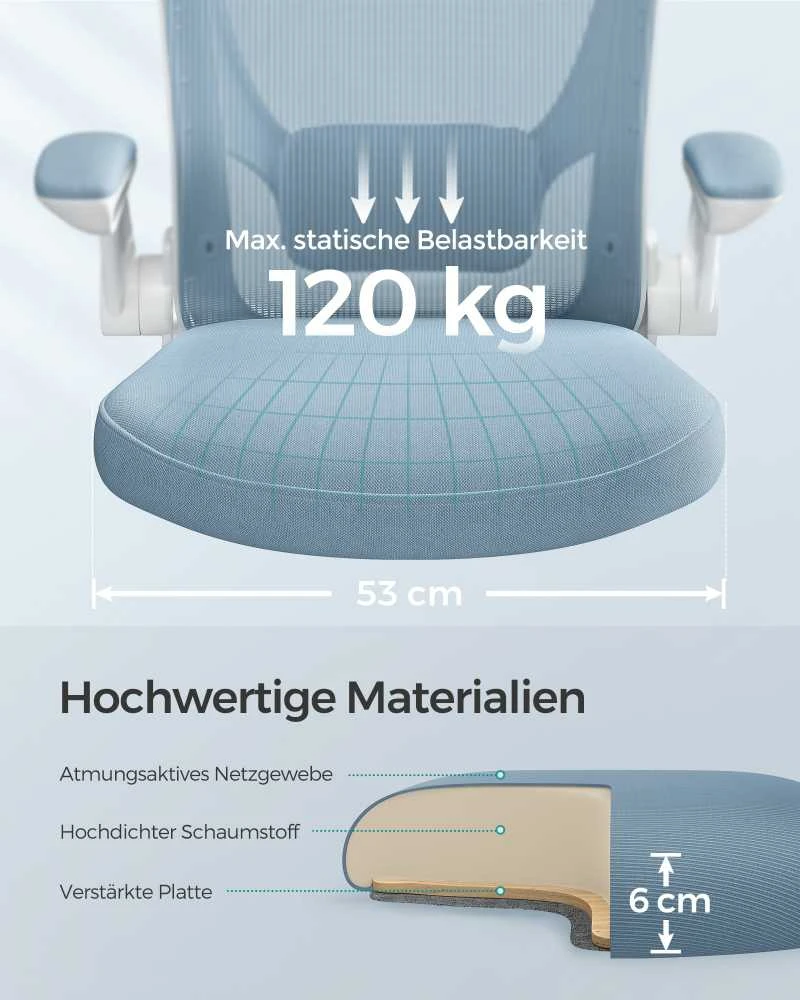 Songmics Biuro kėdė, ergonomiški sulankstomi porankiai, mėlyna migla