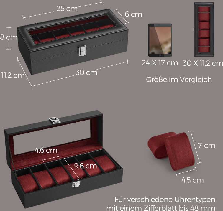 Songmics Laikrodžių dėžutė su 6 skyriais stiklinis dangtelis metalinis užsegimas juoda