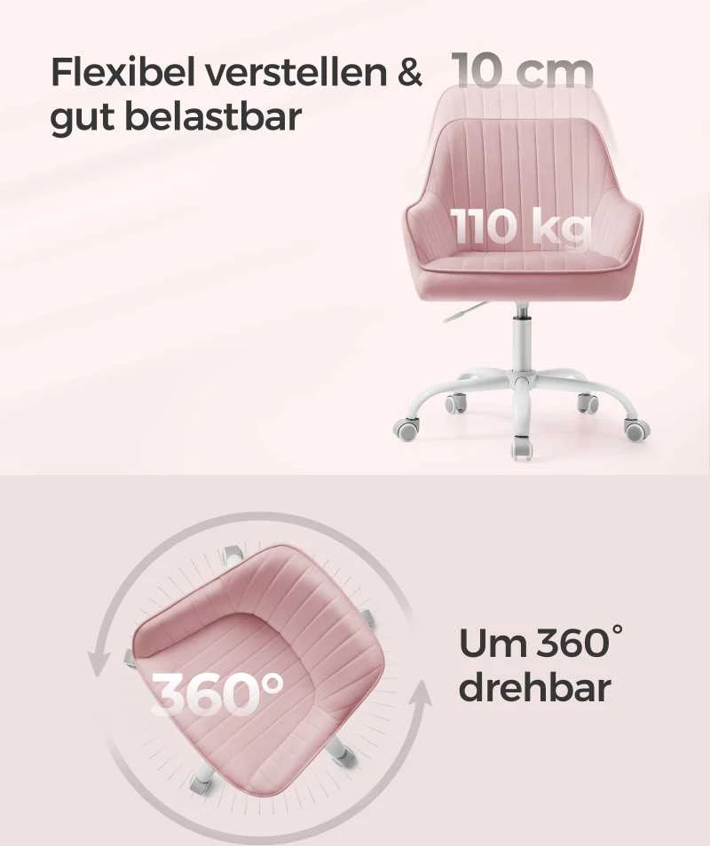 Songmics Pastelinės rožinės spalvos biuro kėdė su aksominiu užvalkalu, reguliuojamo aukščio