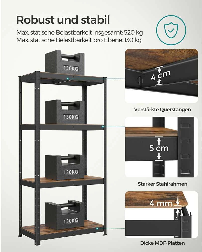 Songmics Reguliuojama stovinti lentyna su 4 lentynomis 40 x 80 x 160 cm vintažinė ruda-juoda