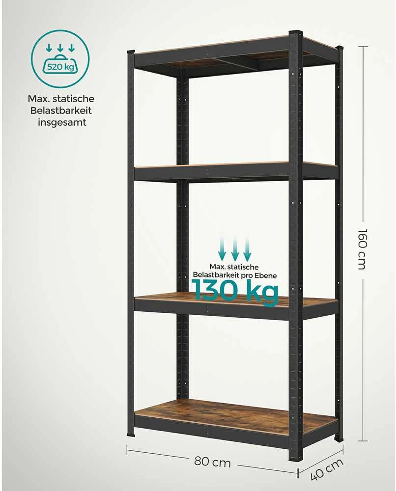Songmics Reguliuojama stovinti lentyna su 4 lentynomis 40 x 80 x 160 cm vintažinė ruda-juoda
