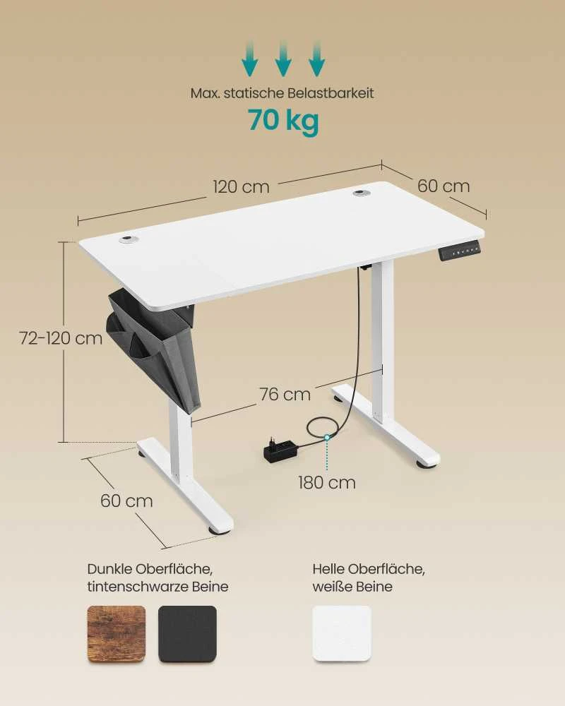 Songmics Reguliuojamo aukščio elektrinis stalas 60 x 120 x (72-120) cm