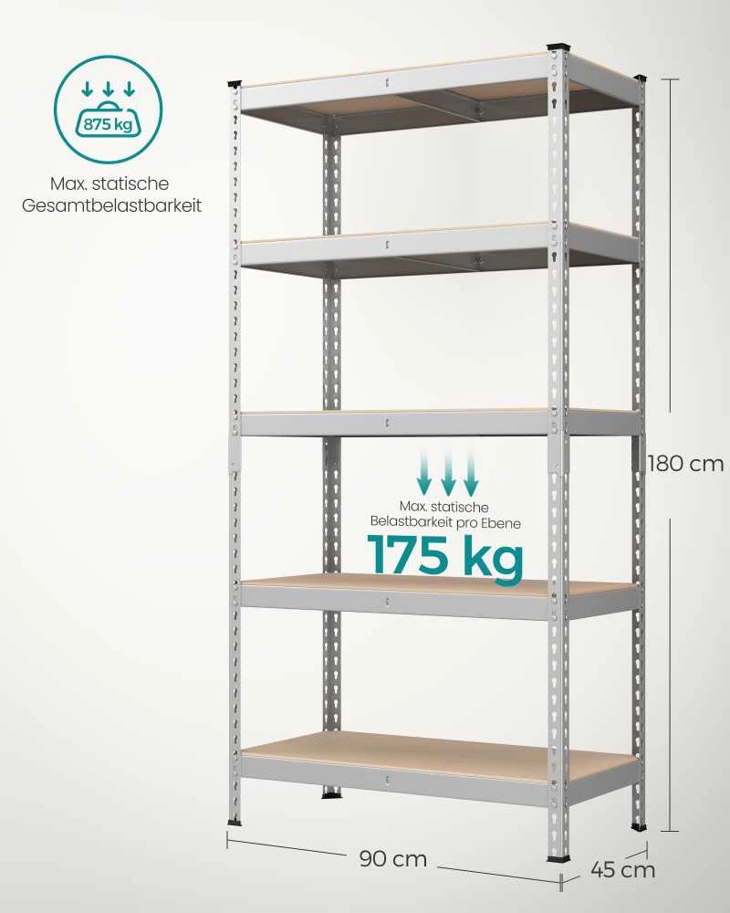 Songmics Stiprios konstrukcijos lentyna su 5 lentynomis 45 x 90 x 180 cm sidabrinė