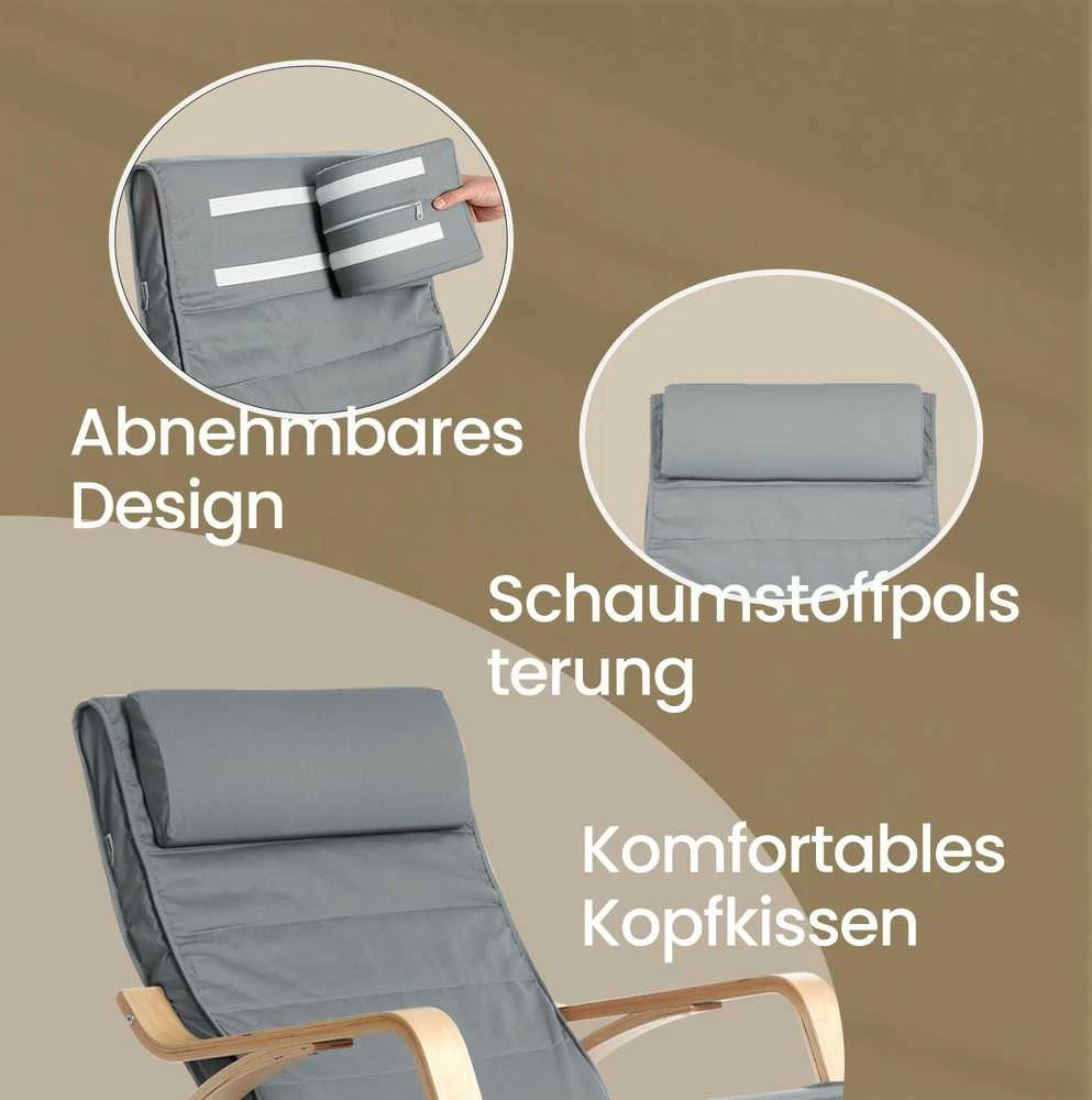 Songmics Supamasis krėslas su 5 pakopų reguliuojama atrama kojoms, supamasis krėslas su porankiais, pagamintas iš beržo medienos, skirtas svetainei