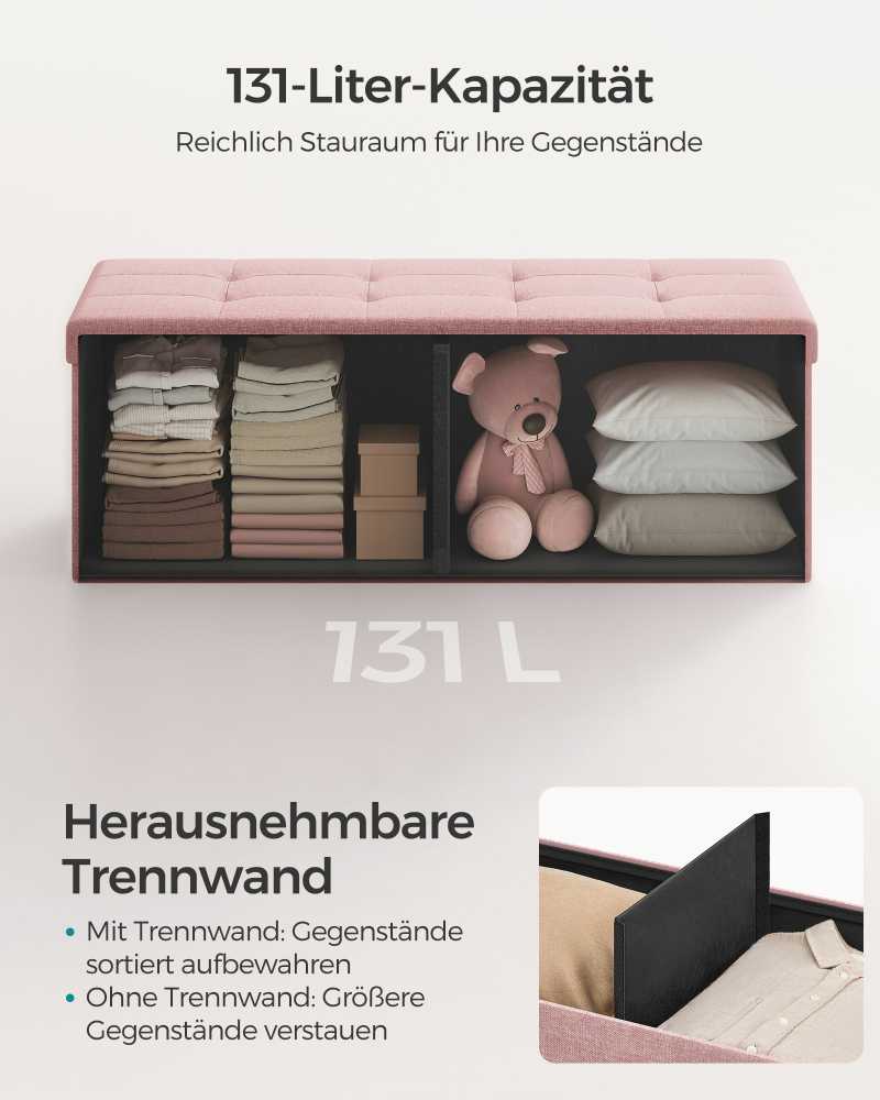 Songmics Taburetė su daiktadėže 38 x 110 x 38 cm pastelinės rožinės spalvos