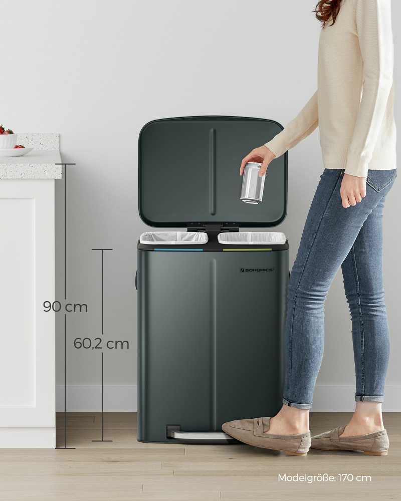 Songmics Virtuvės atliekų dėžė 2 x 20 l su švelniai uždaromu dangčiu, žaliai pilka