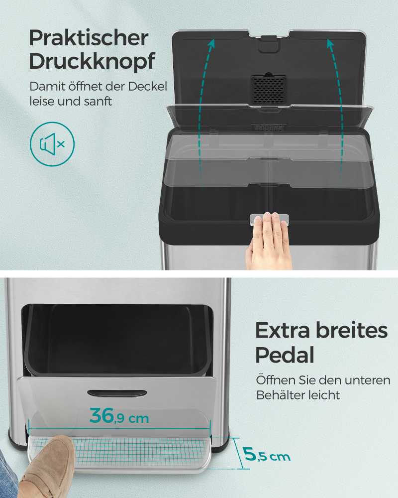 Songmics Virtuvės atliekų dėžė su pedalu ir 3 skyriais