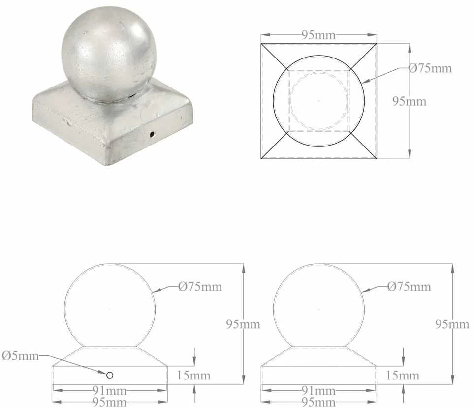 Stulpų dangteliai, 6vnt., 91x91mm, galvanizuotas metalas