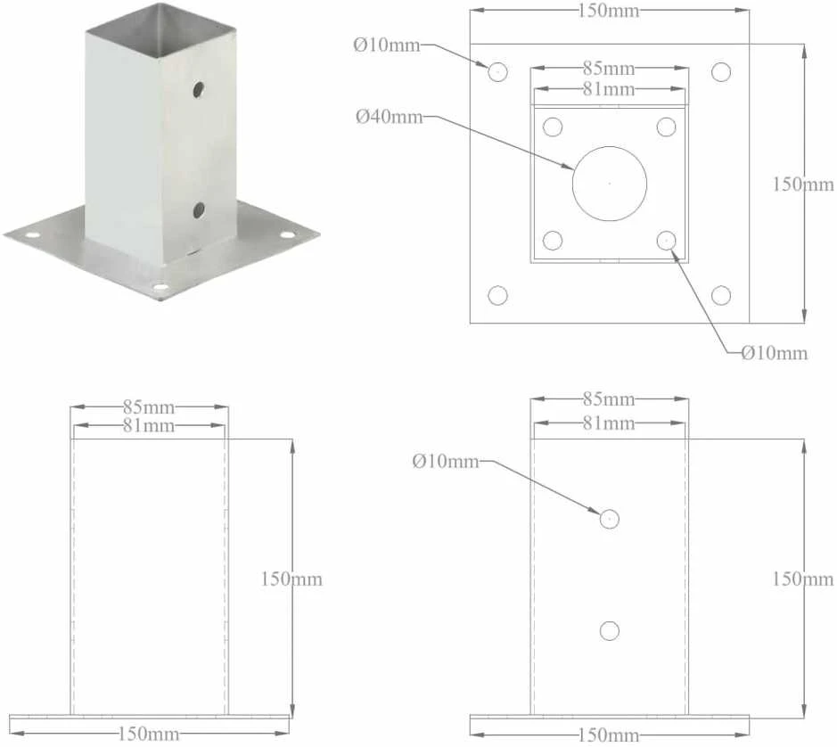 Stulpų pagrindai, 4vnt., galvanizuotas metalas, 81mm