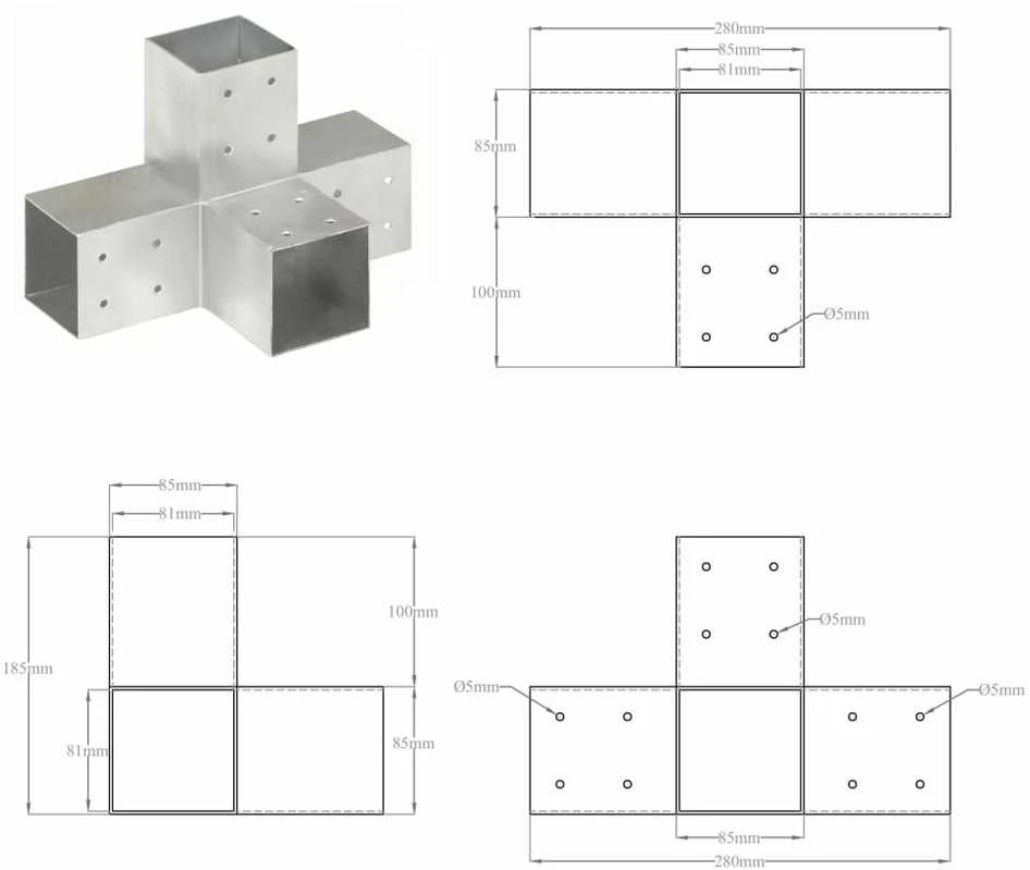 Stulpų sujungimai, 4vnt., 81x81mm, metalas, X formos