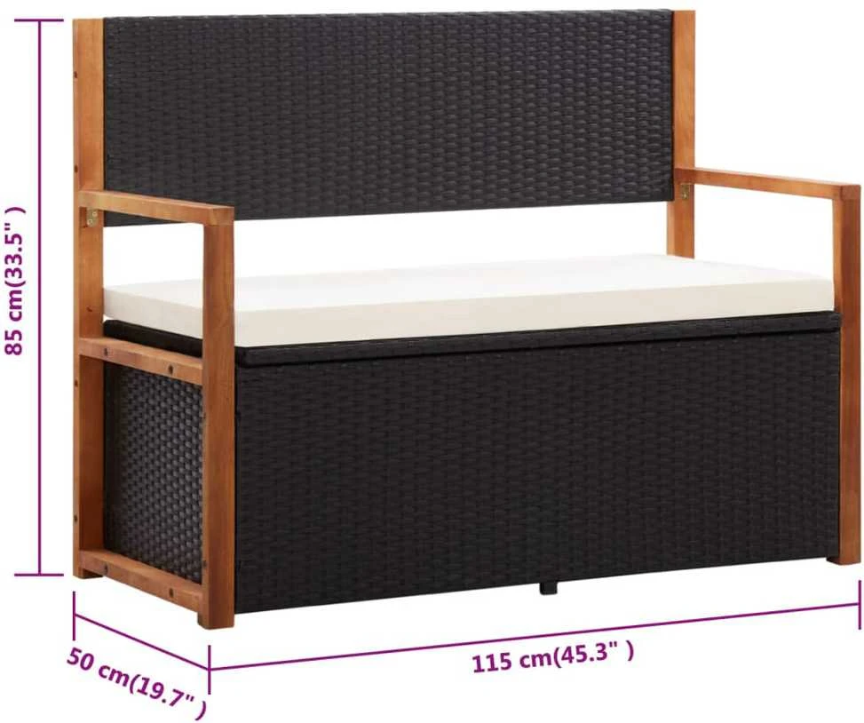 Suoliukas-daiktadėžė, juodas, 115cm, poliratanas ir akacija
