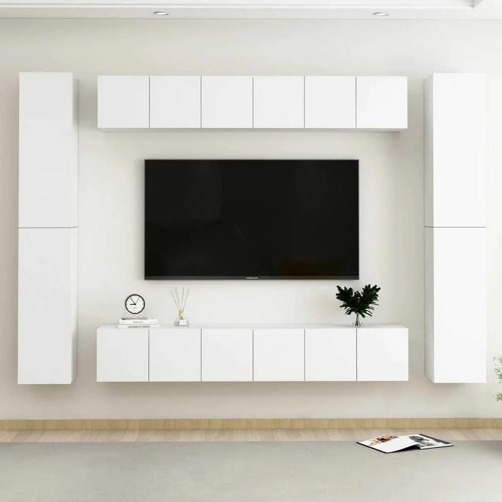 TV staliukas Televizoriaus spintelių komplektas, 10 dalių, baltas, mediena