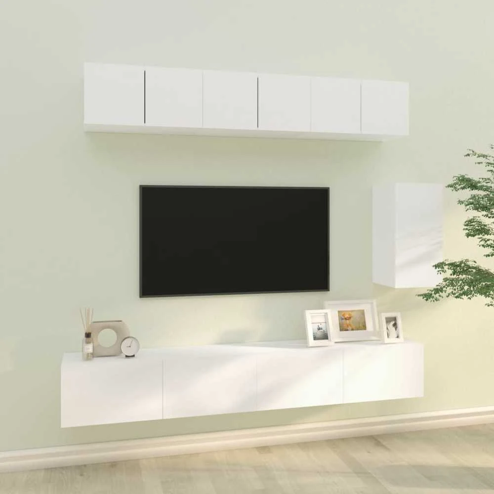 TV staliukas Televizoriaus spintelių komplektas, 6 dalių, baltas, mediena