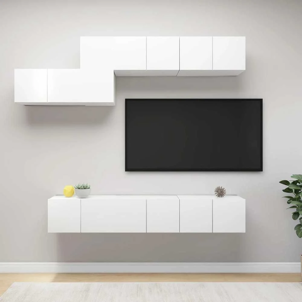 TV staliukas Televizoriaus spintelių komplektas, 7 dalių, baltas, mediena
