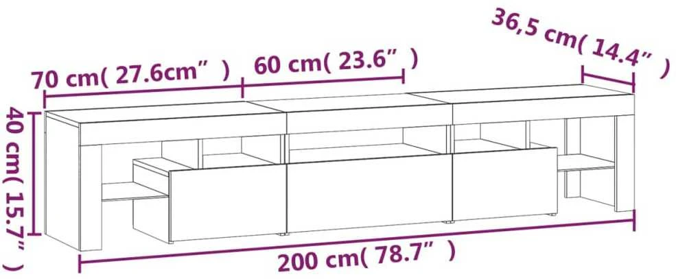TV staliukas TV spintelė su LED apšvietimu, betono pilka, 200x36,5x40cm