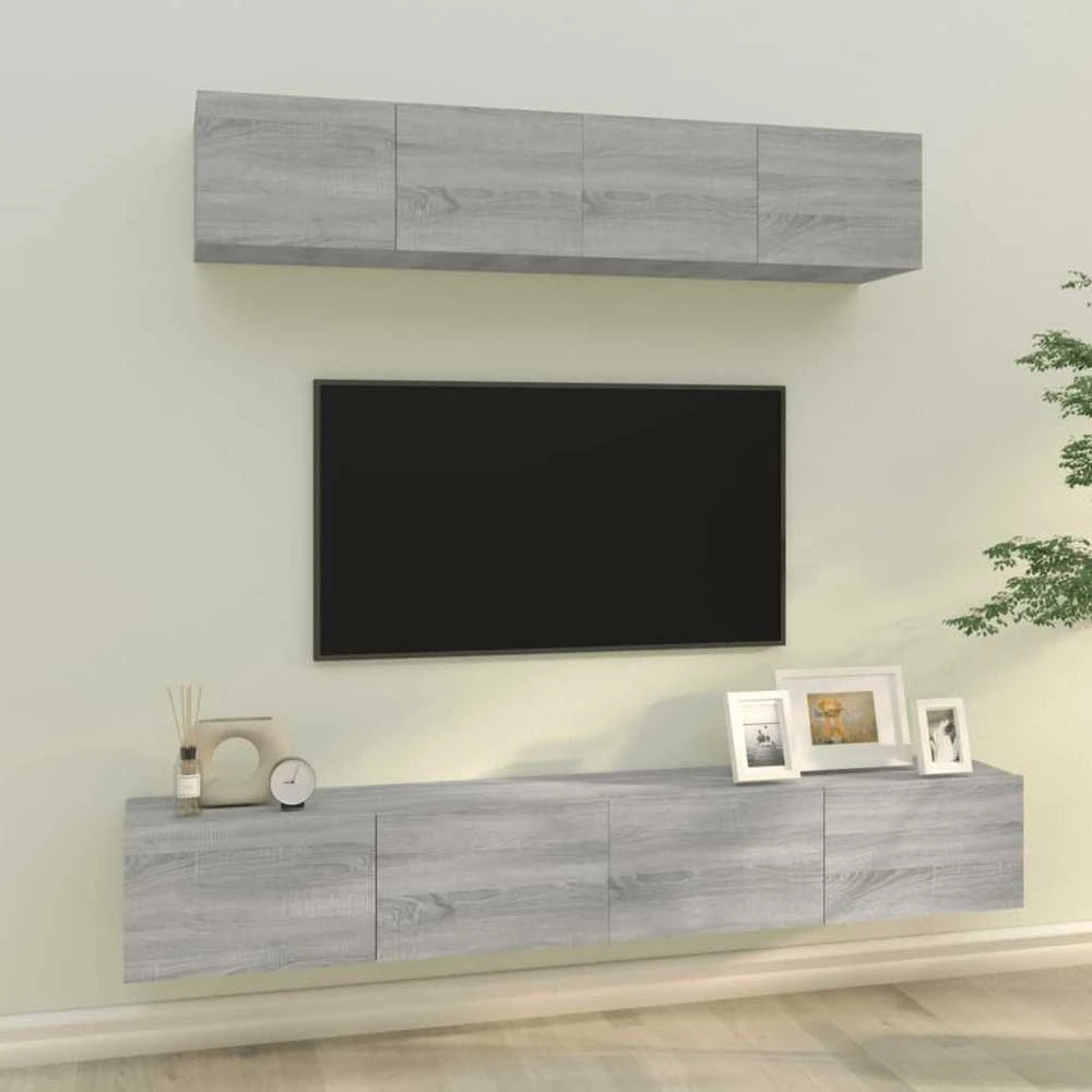 TV staliukas TV spintelių komplektas, 4 dalių, pilkas ąžuolo, mediena
