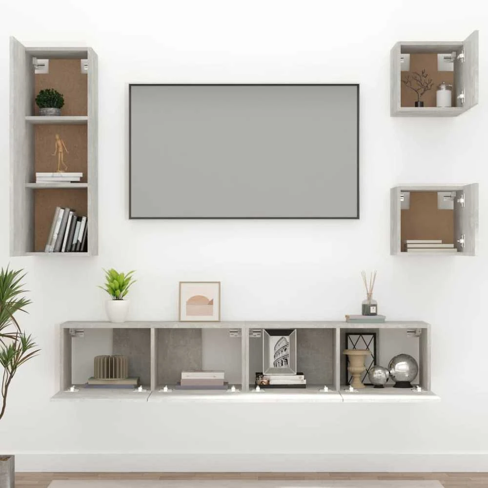 TV staliukas TV spintelių komplektas, 5 dalių, betono pilkas, mediena