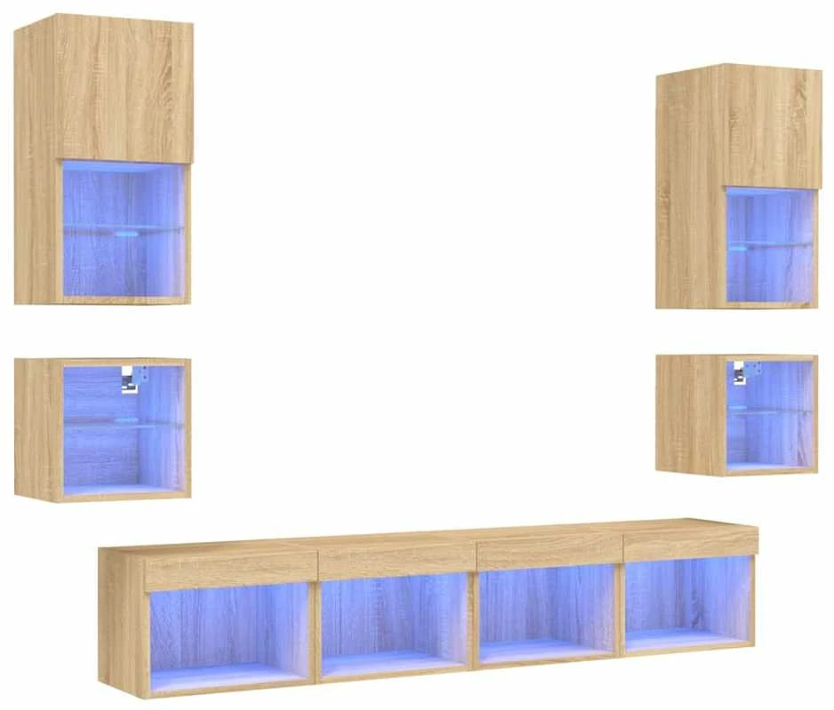TV staliukas Sieninė TV sekcija su LED, 8 dalių, ąžuolo, apdirbta mediena