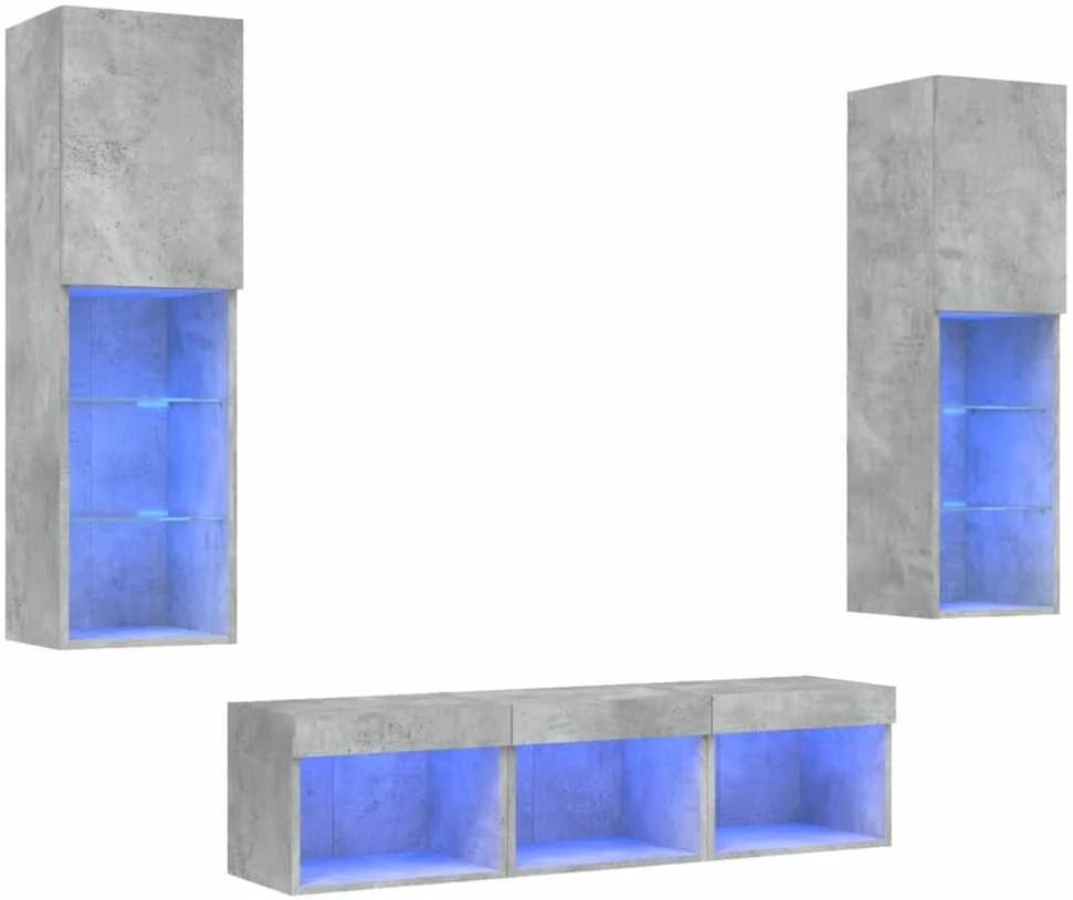 TV staliukas Sieninė TV sekcija su LED, 5 dalių, betono, apdirbta mediena