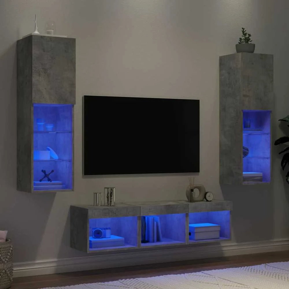 TV staliukas Sieninė TV sekcija su LED, 5 dalių, betono, apdirbta mediena