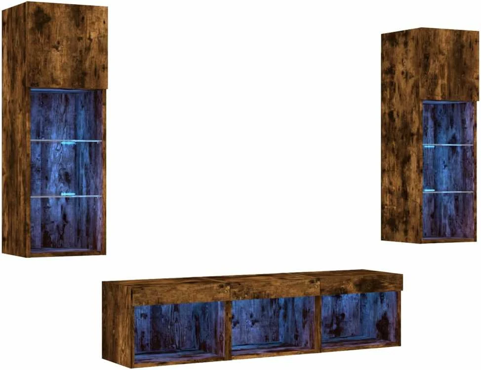 TV staliukas Sieninė TV sekcija su LED, 5 dalių, dūminio ąžuolo, mediena