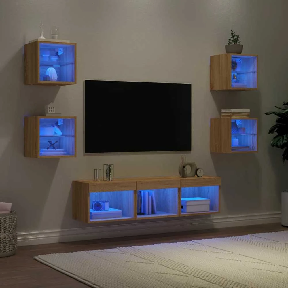 TV staliukas Sieninė TV sekcija su LED, 7 dalių, ąžuolo, apdirbta mediena