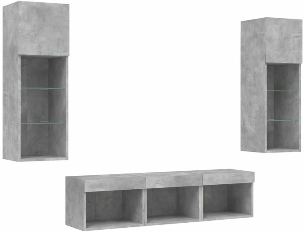 TV staliukas Sieninė TV sekcija su LED, 5 dalių, betono, apdirbta mediena