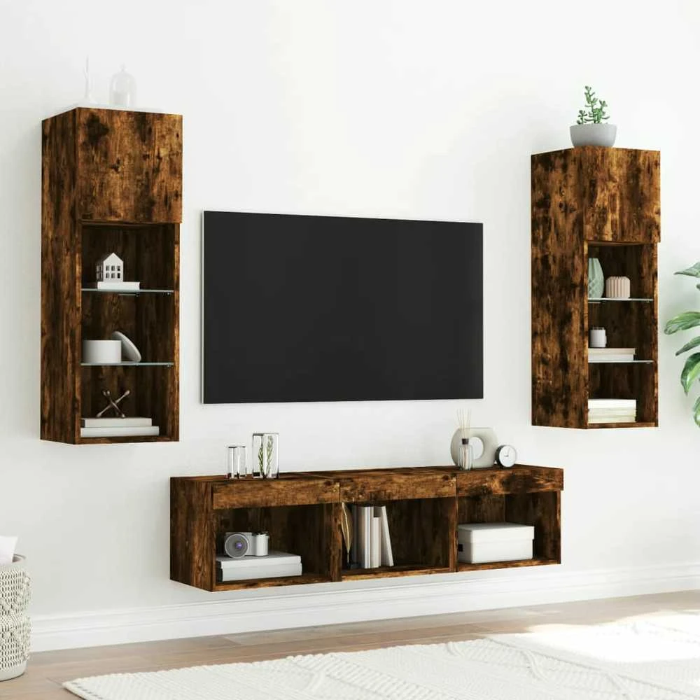 TV staliukas Sieninė TV sekcija su LED, 5 dalių, dūminio ąžuolo, mediena