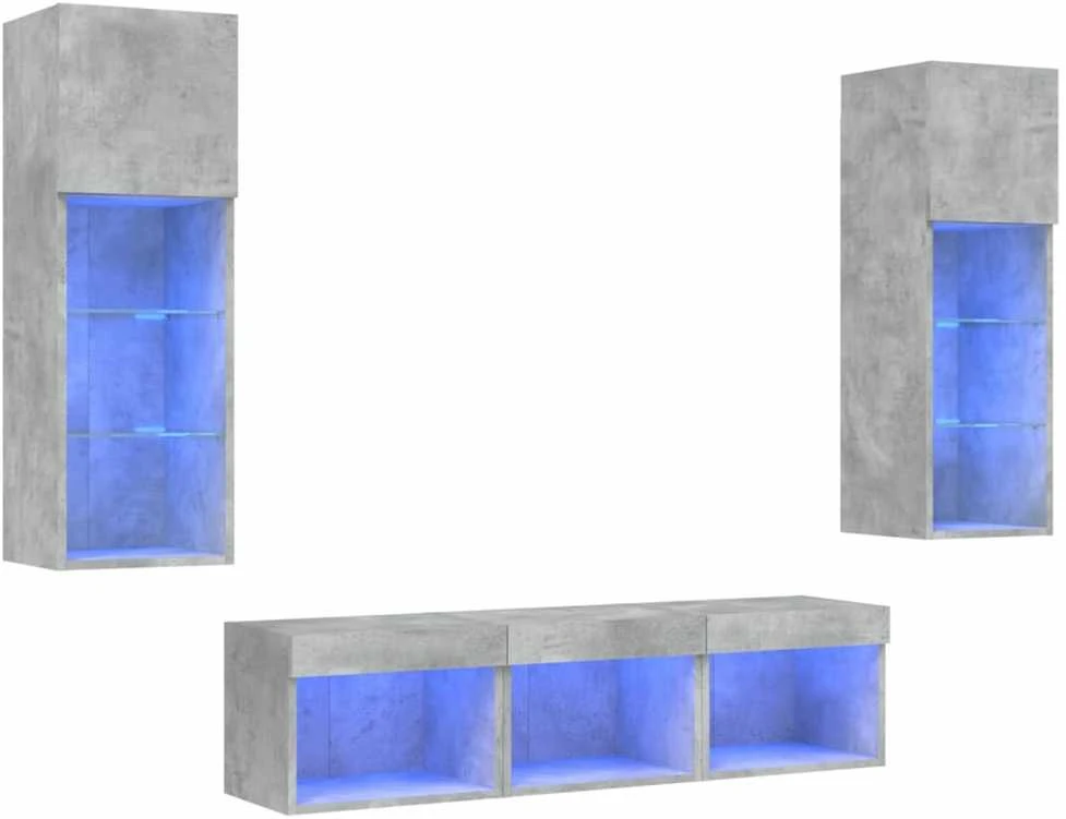 TV staliukas Sieninė TV sekcija su LED, 5 dalių, betono, apdirbta mediena