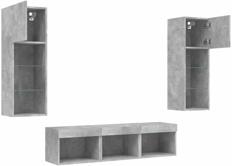 TV staliukas Sieninė TV sekcija su LED, 5 dalių, betono, apdirbta mediena