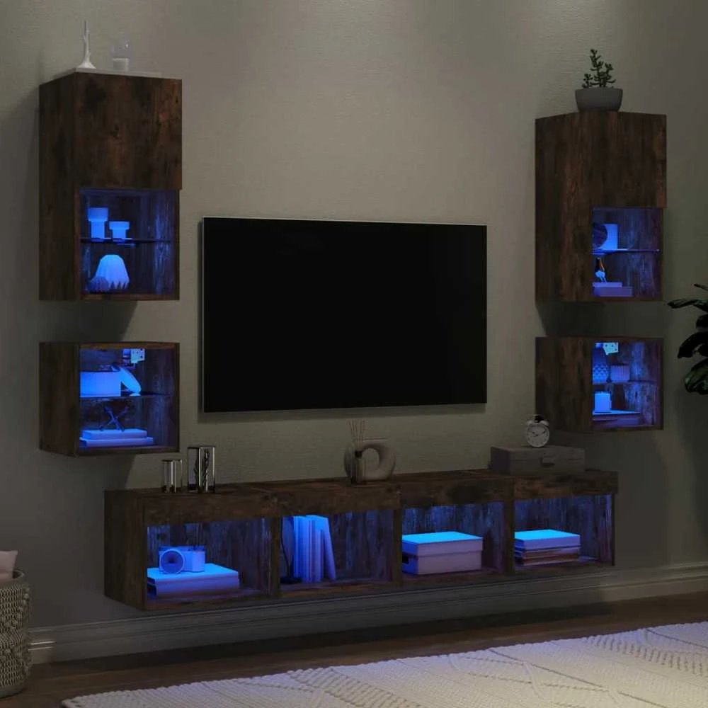 TV staliukas Sieninė TV sekcija su LED, 8 dalių, dūminio ąžuolo, mediena