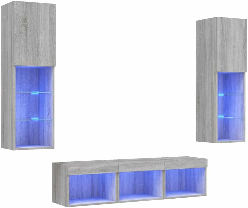 TV staliukas Sieninė TV sekcija su LED, 5 dalių, pilka ąžuolo, mediena