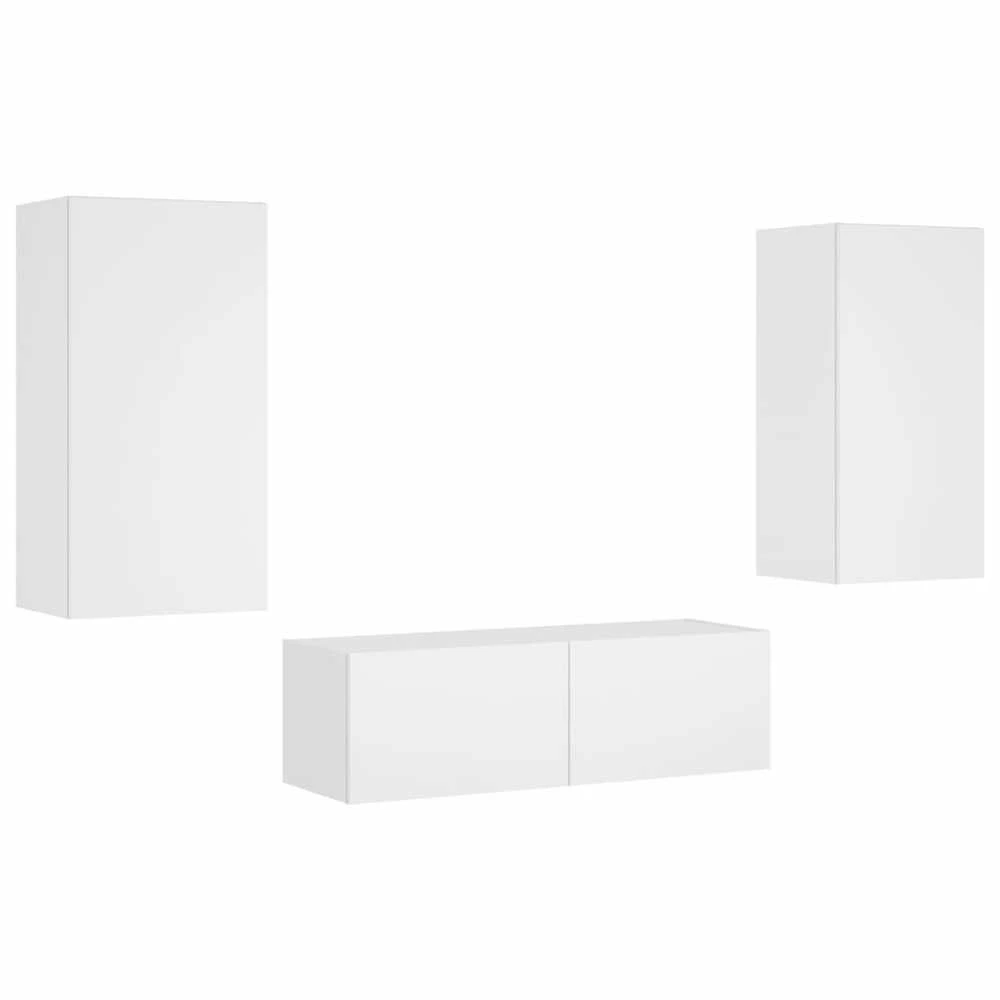 TV staliukas Sieninės TV spintelės su LED lemputėmis, 3 dalių, baltos