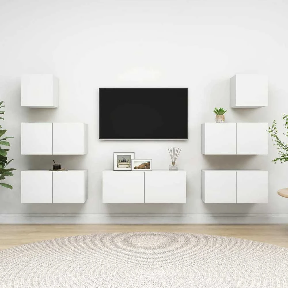 TV staliukas Televizoriaus spintelių komplektas, 7 dalių, baltas, mediena