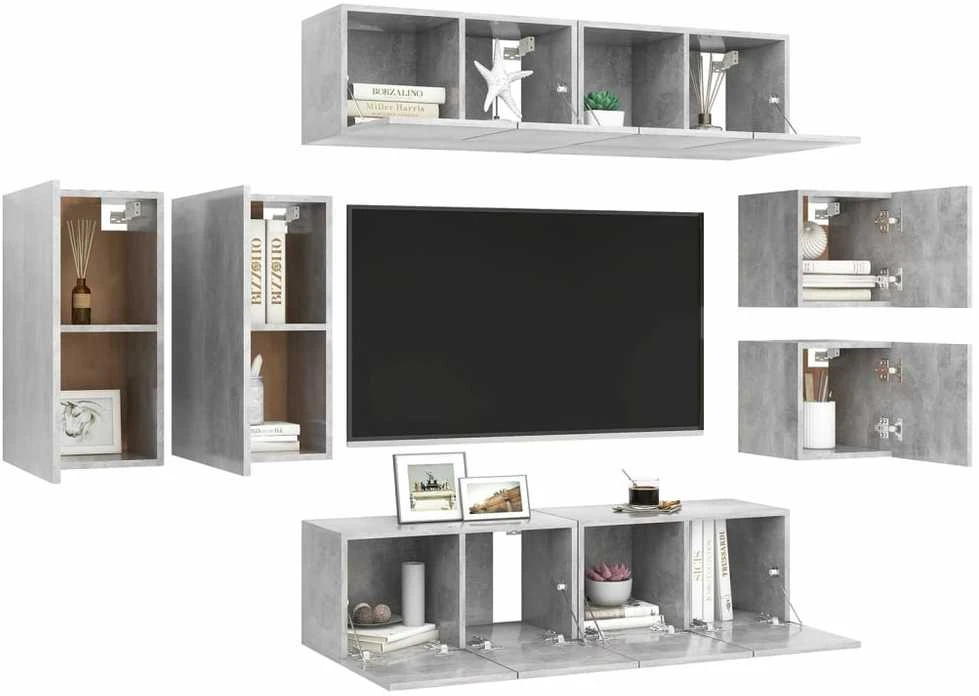 TV staliukas Televizoriaus spintelių komplektas, 8 dalių, betono, mediena