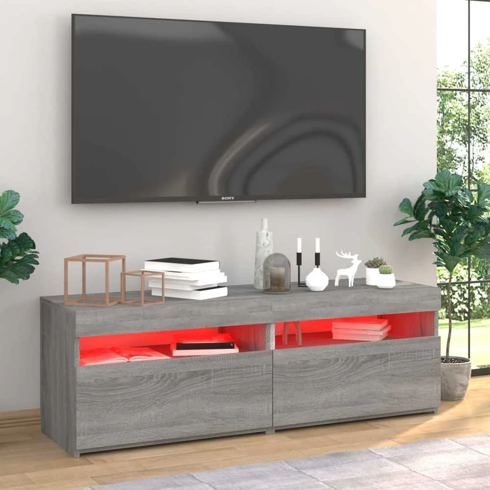 TV staliukas TV spintelės su LED, 2vnt., pilkos ąžuolo, 60x35x40cm