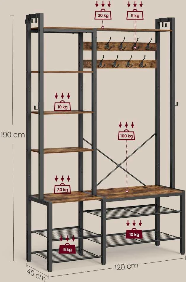Vasagle Drabužių kabykla su batų suoleliu iš medžio drožlių plokštės vintažinė ruda-juoda