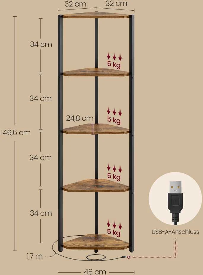 Songmics Vasagle Kampinė lentyna su 5 lygiais ir LED apšvietimu, vintažinė, ruda