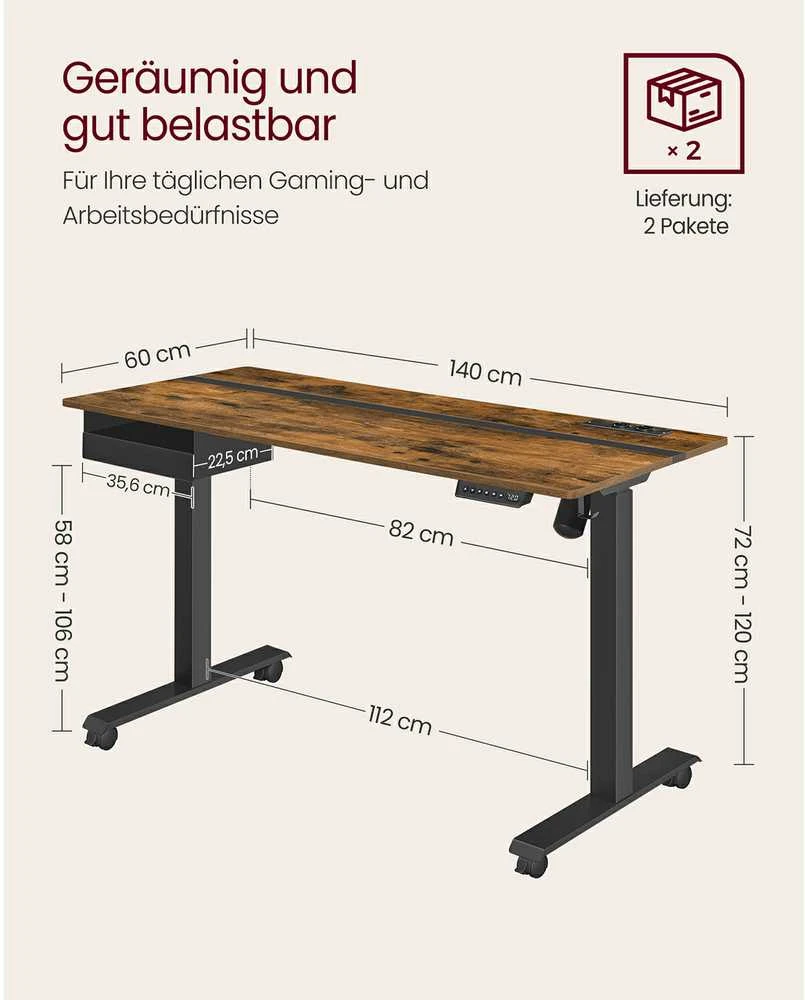 Songmics Vasagle Reguliuojamo aukščio rašomasis stalas 60 x 140 cm vintage rudai juodas