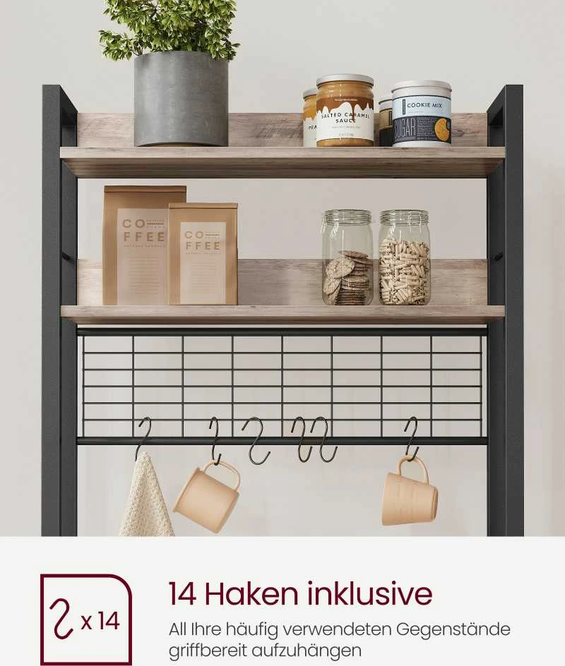 Vasagle Stovinti lentyna su kištukiniais lizdais 14 kabliukų pilkai juoda