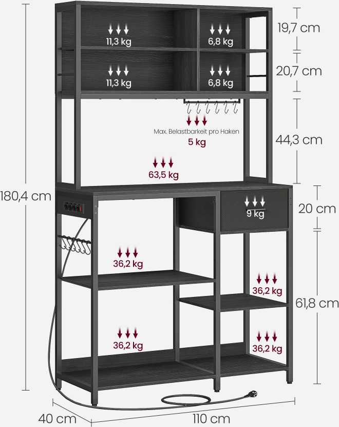 VASAGLE virtuvės lentyna su elektros lizdais, 100 cm, 12 kablių, KKS028B23
