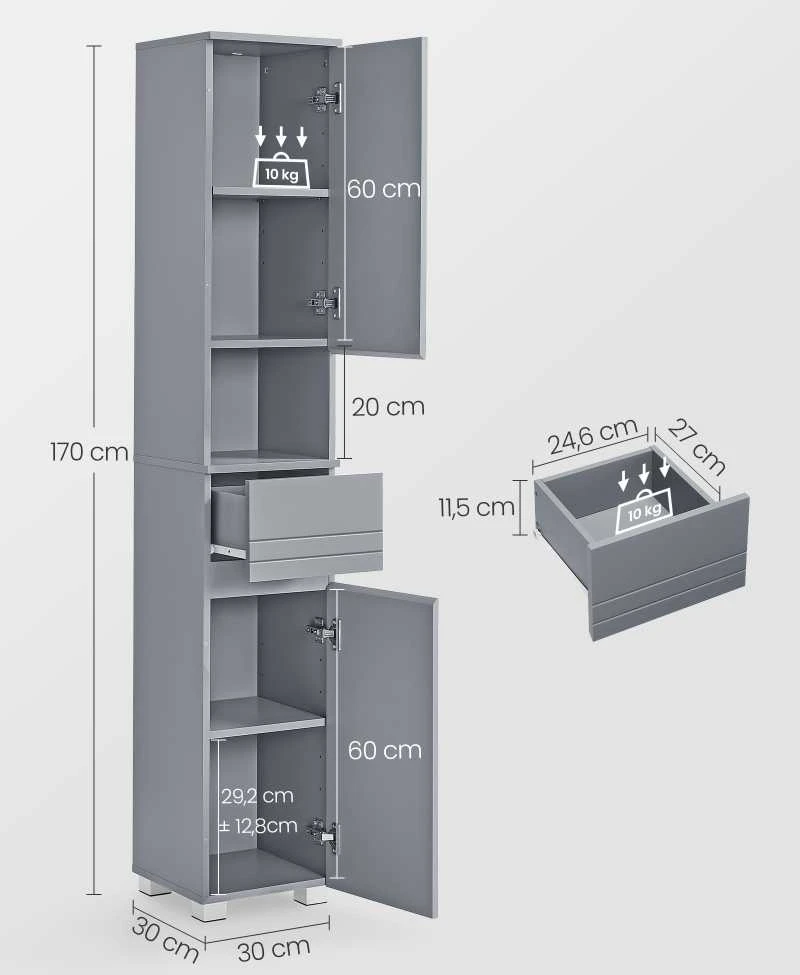 Vasagle Badezimmerschrank 30 x 30 x 170 cm mystisches Grau