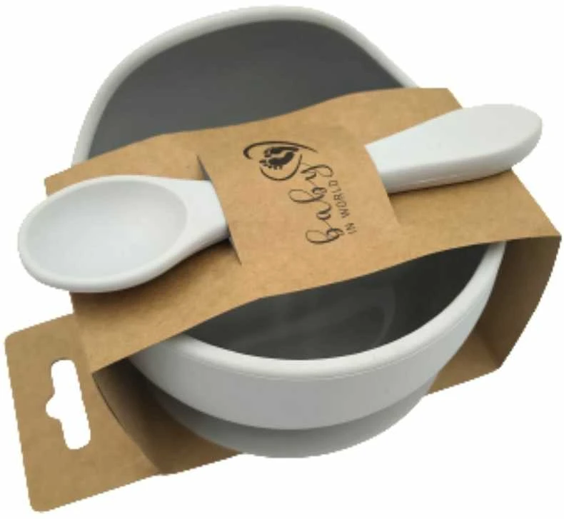 BABY 01138 Silikoninis dubuo su siurbtuku ir šaukštu Pilka