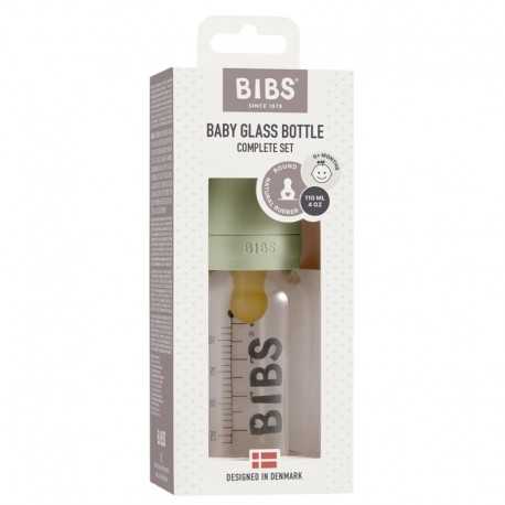 BIBS stiklinis buteliukas nuo dieglių 110 ml (Sage) pilnas komplektas